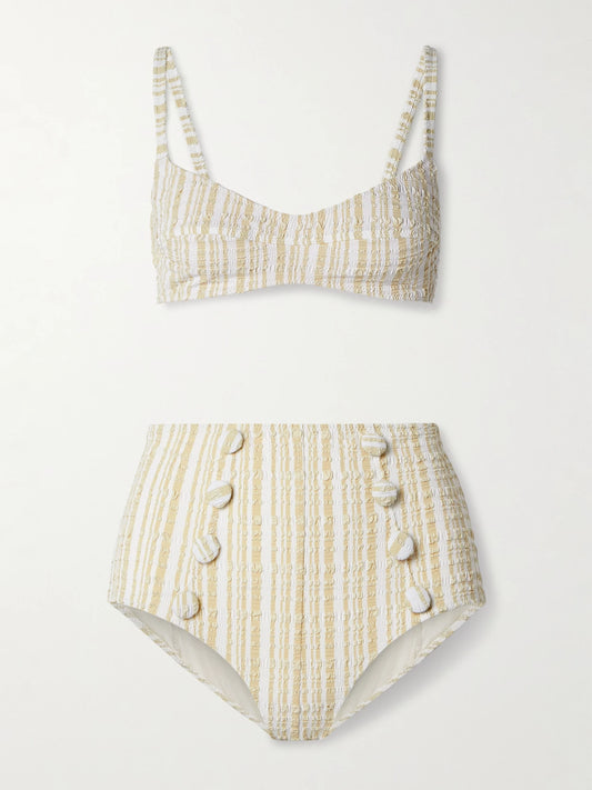 Image of Swimwear. Product name - Button-embellished Striped Seersucker Bikini in Beige colour by brand - Lisa Marie Fernandez