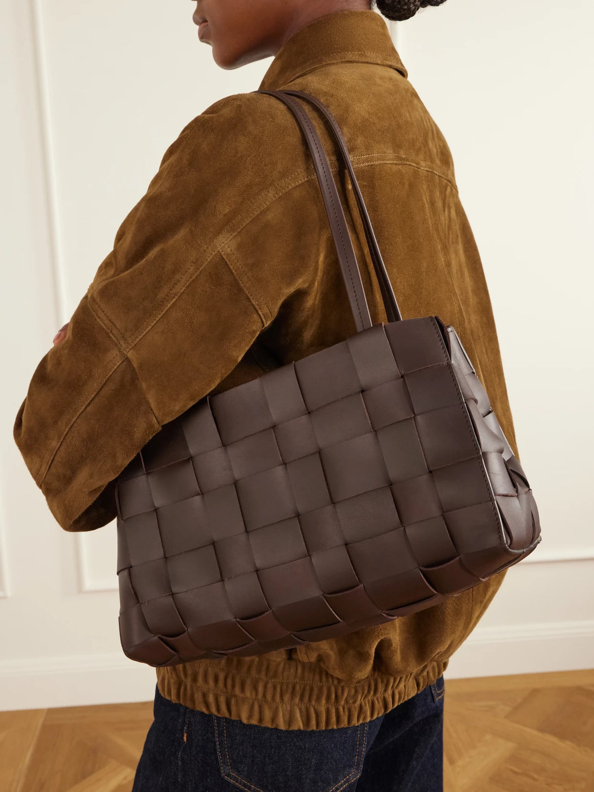 Image of Bags. Product name - Woven Leather Shoulder Bag in Brown colour by brand - ST. AGNI