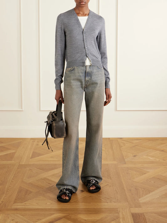 Image of a model wearing Outerwear. Product name - Wool-blend Cardigan in Gray colour by brand - MM6 MAISON MARGIELA