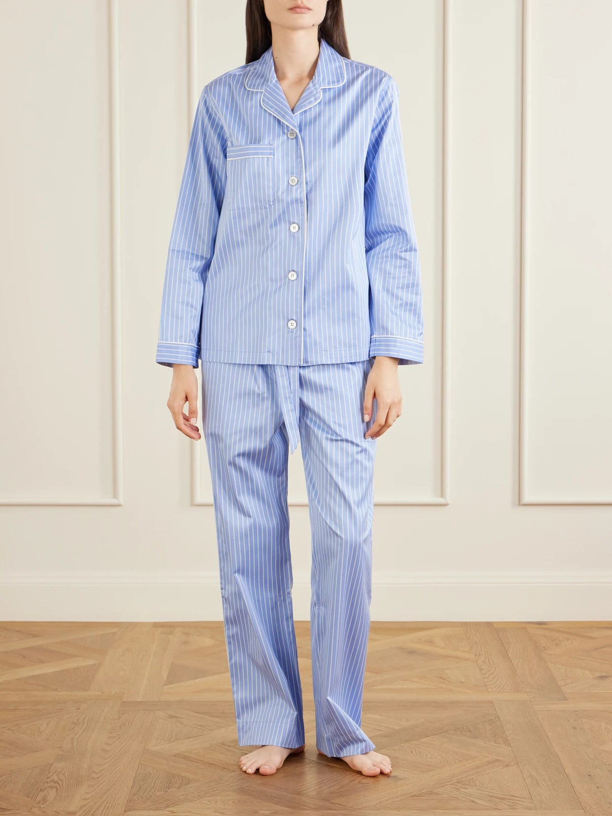 Image of Lingerie. Product name - Sateen Striped Organic Cotton Pajama Shirt in Blue colour by brand - TEKLA