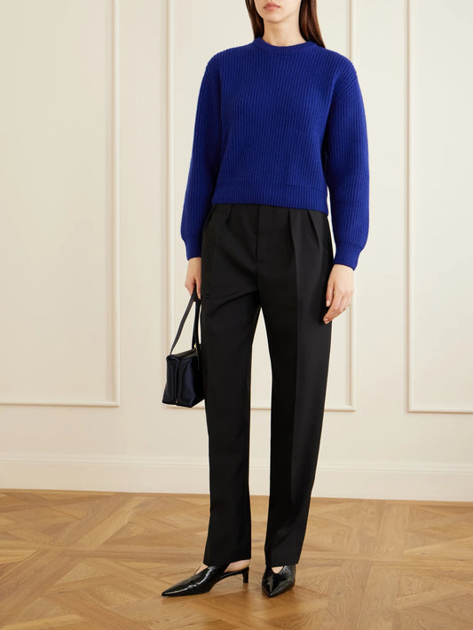 Image of a model wearing Outerwear. Product name - Ribbed-knit Wool Sweater in Cobalt blue colour by brand - Jil Sander