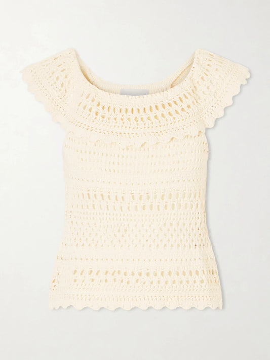 Image of a model wearing Tops. Product name - Zaelle Crocheted Cotton-blend Top in Ecru colour by brand - MARANT ÉTOILE