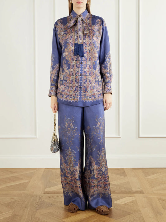 Image of Outfit Sets. Product name - Valiant Printed Silk-twill Wide-leg Pants in Navy colour by brand - Zimmermann