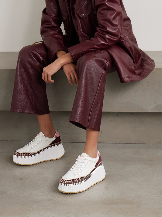 Nama Embroidered Suede-trimmed Leather Platform Sneakers