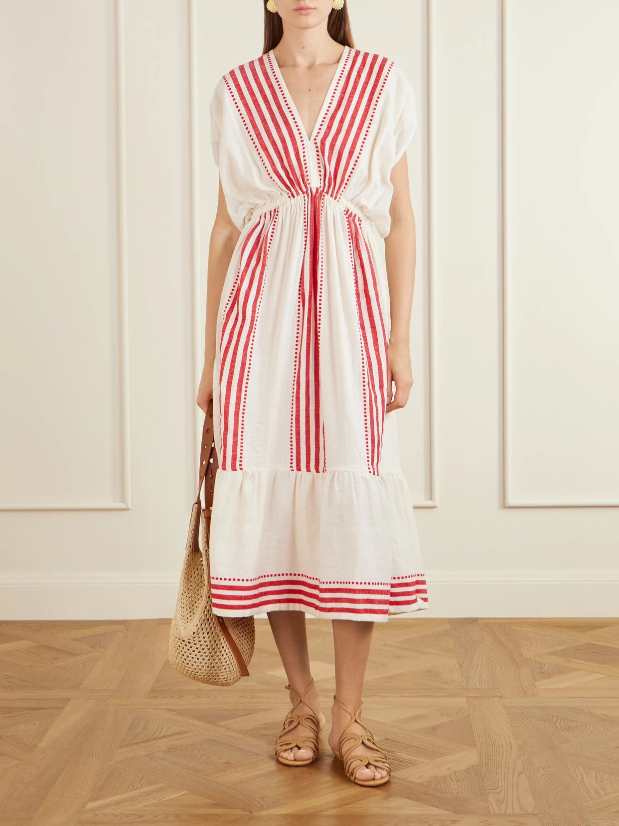 Image of Dresses. Product name - Leila Cotton-gauze Midi Dress in Red colour by brand - lemlem