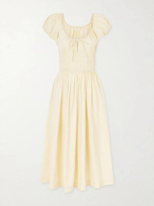 Image of Dresses. Product name - Quinn Smocked Organic Cotton-poplin Midi Dress in Pastel yellow colour by brand - DÔEN