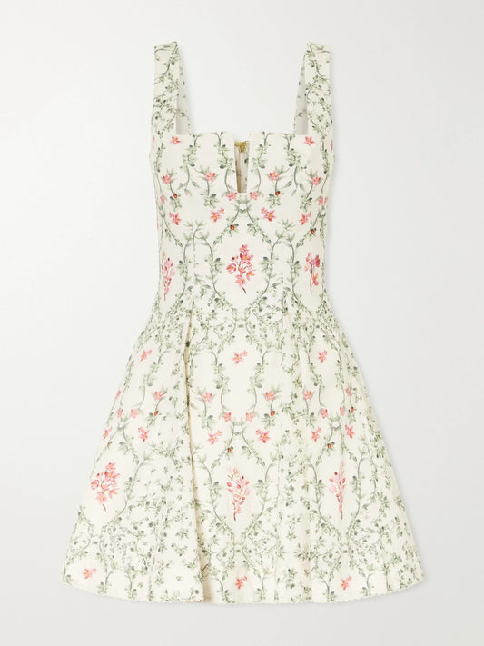 Image of Dresses. Product name - Cauca Tiered Floral-print Cotton Mini Dress in Cream colour by brand - Agua by Agua Bendita