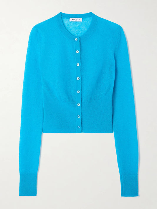 Image of Cardigans. Product name - Mohair-blend Cardigan in Turquoise colour by brand - Alaïa