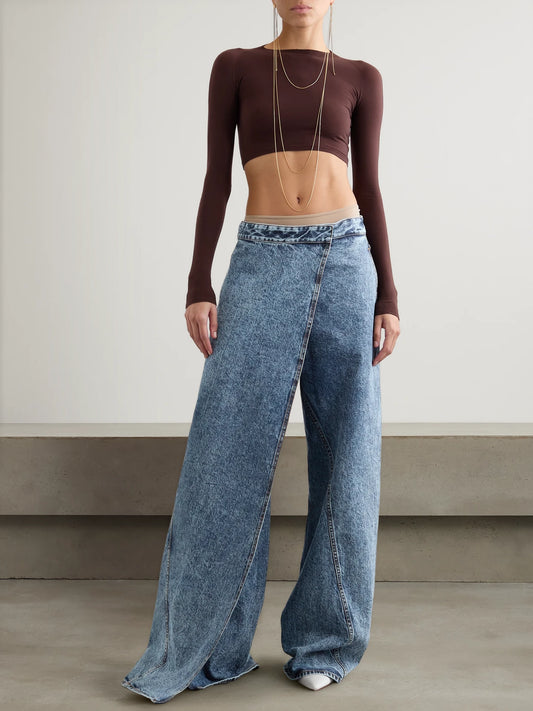 Image of Jeans. Product name - Asymmetric Wide-leg Jeans in Blue colour by brand - Alaïa