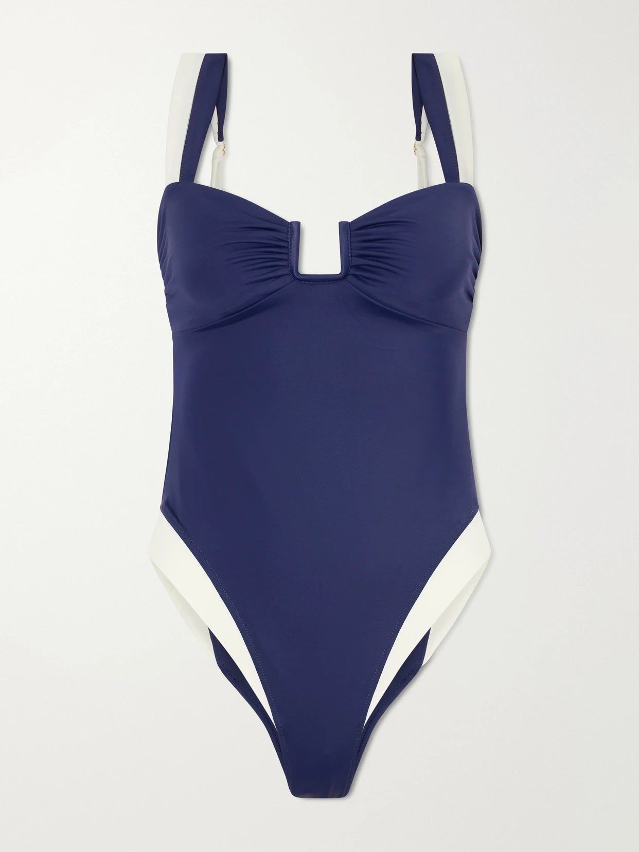 Image of Swimwear. Product name - Cannes Two-tone Gathered Recycled Stretch Swimsuit in Navy colour by brand - Away That Day
