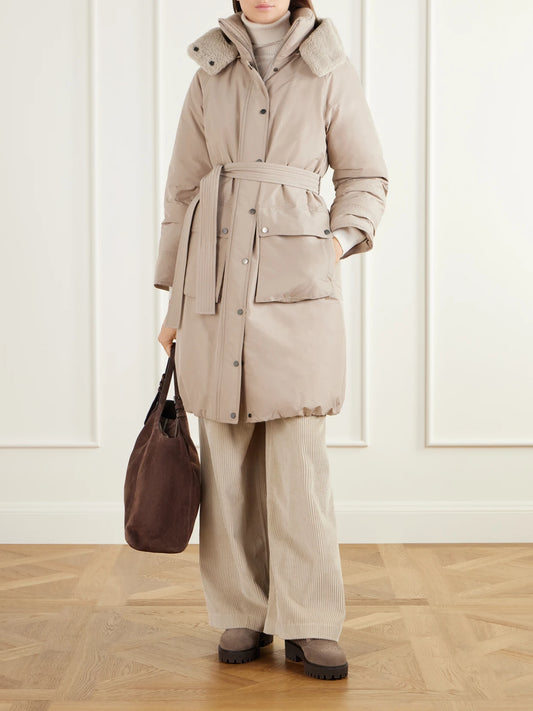 Image of Coats & Jackets. Product name - Hooded Belted Plush-trimmed Cotton-blend Shell Down Coat in Beige colour by brand - Brunello Cucinelli