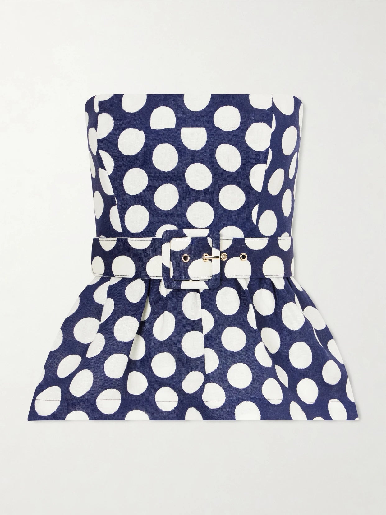 Tilda Strapless Belted Peplum Polka Dot Linen Top