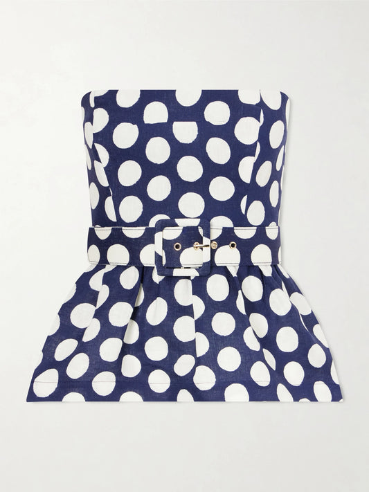 Tilda Strapless Belted Peplum Polka Dot Linen Top
