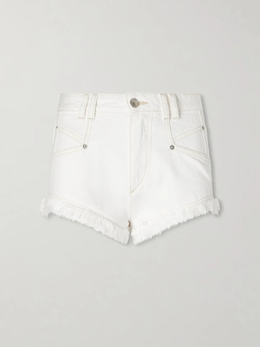 Image of a model wearing Shorts. Product name - Eneidala Frayed Denim Shorts in White colour by brand - ISABEL MARANT