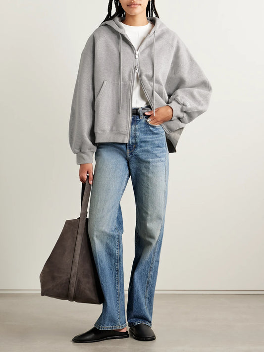 Image of a model wearing Tops. Product name - The Scott Organic Cotton-jersey Hoodie in Gray colour by brand - RÙADH