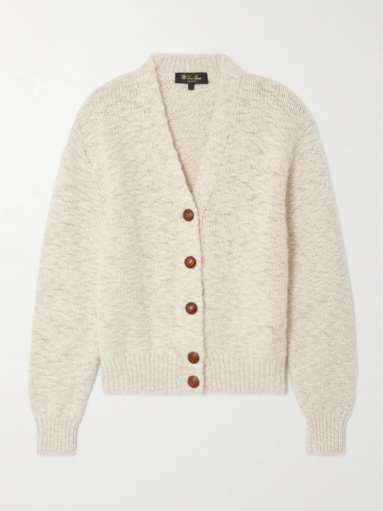 Image of a model wearing Outerwear. Product name - Cashmere-bouclé Cardigan in Beige colour by brand - Loro Piana
