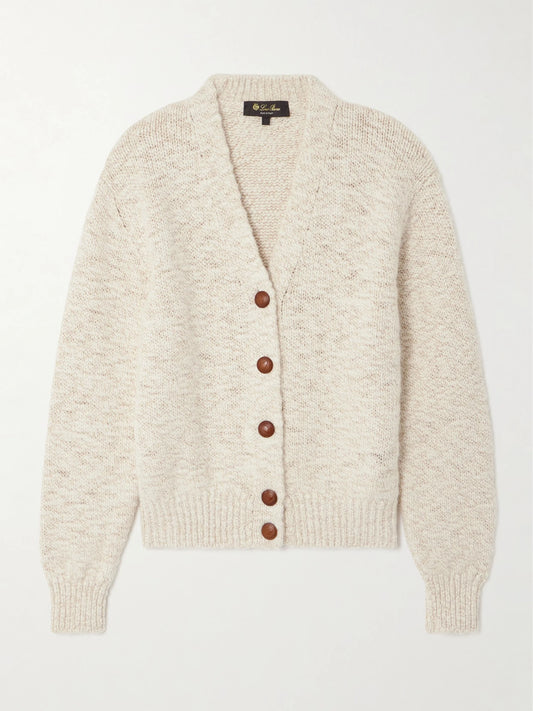 Image of a model wearing Outerwear. Product name - Cashmere-bouclé Cardigan in Beige colour by brand - Loro Piana