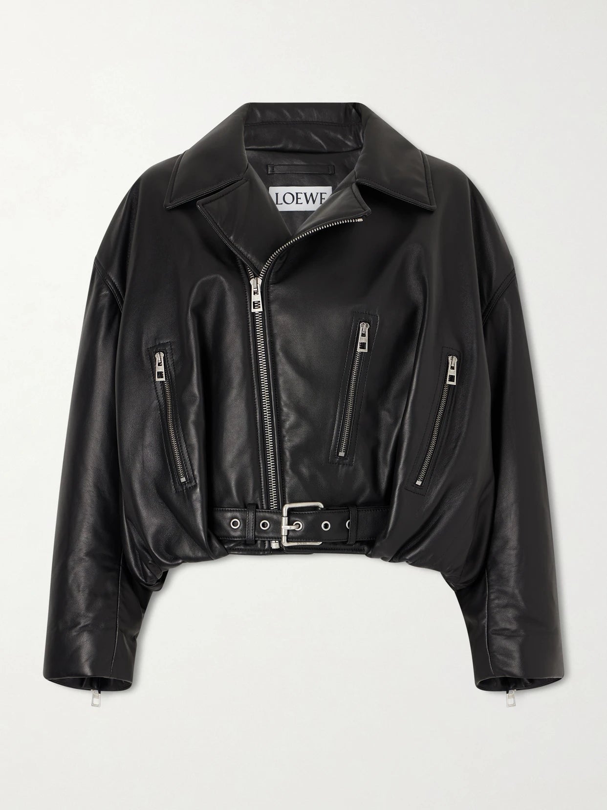 Image of Coats & Jackets. Product name - Cropped Buckled Leather Biker Jacket in Black colour by brand - LOEWE