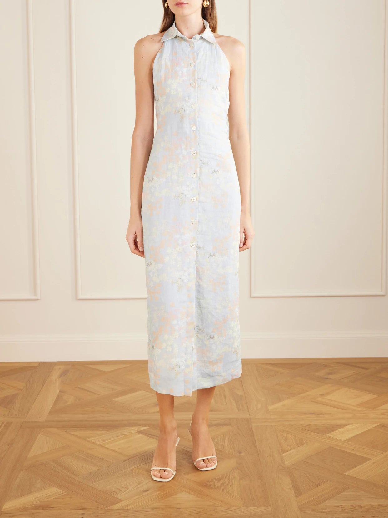 Cici Jasmin Floral-print Linen Halterneck Midi Dress
