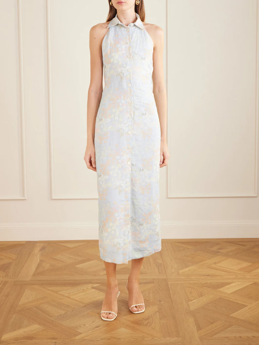 Cici Jasmin Floral-print Linen Halterneck Midi Dress