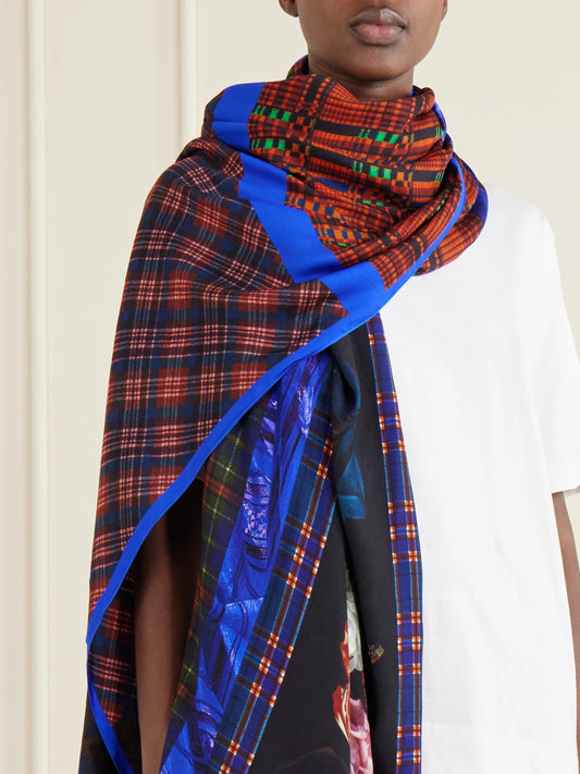 Image of Scarves & Shawls. Product name - Flara Printed Checked Twill Scarf in Blue colour by brand - Dries Van Noten