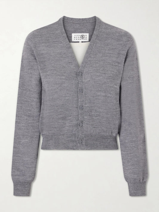 Image of a model wearing Outerwear. Product name - Wool-blend Cardigan in Gray colour by brand - MM6 MAISON MARGIELA