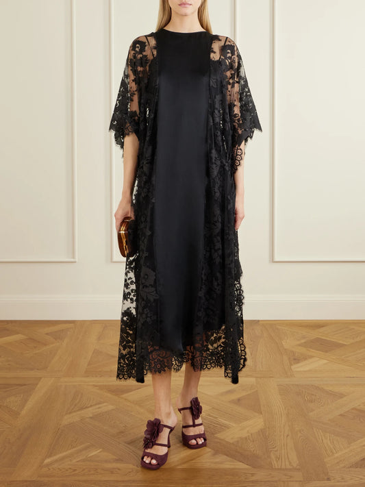 Image of Dresses. Product name - Valiant Satin-trimmed Lace Midi Dress in Black colour by brand - Zimmermann