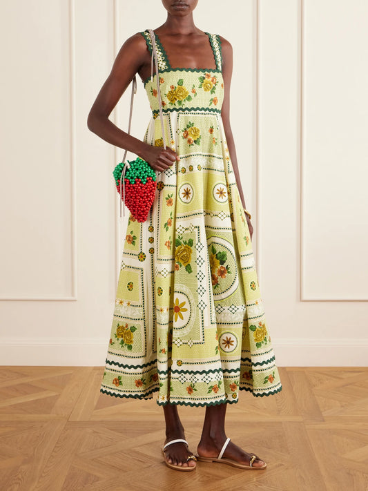 Image of Dresses. Product name - Dixie Pleated Floral-print Cotton-poplin Midi Dress in Green colour by brand - ALÉMAIS