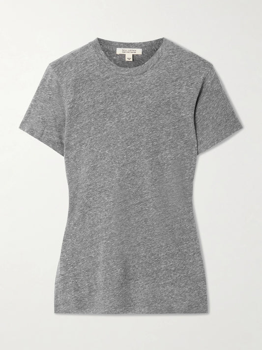 Image of a model wearing Tops. Product name - Lana Jersey T-shirt in Gray colour by brand - Nili Lotan