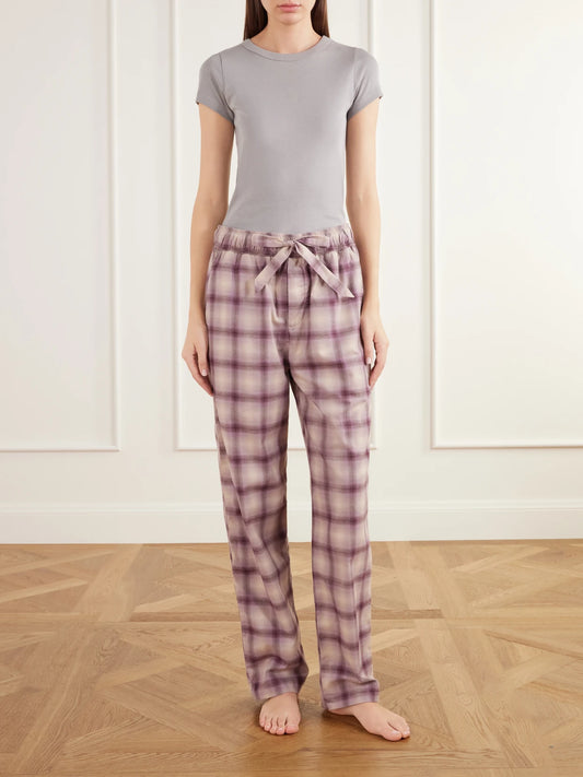 Image of Lingerie. Product name - Checked Organic-cotton Peached Pajama Pants in Purple colour by brand - TEKLA