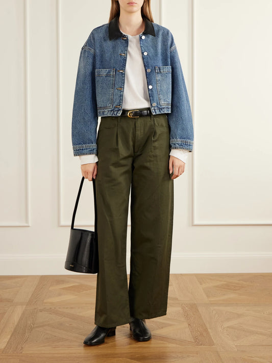 Image of a model wearing Pants. Product name - Velha Cotton And Linen-blend Wide-leg Pants in Army green colour by brand - Citizens of Humanity