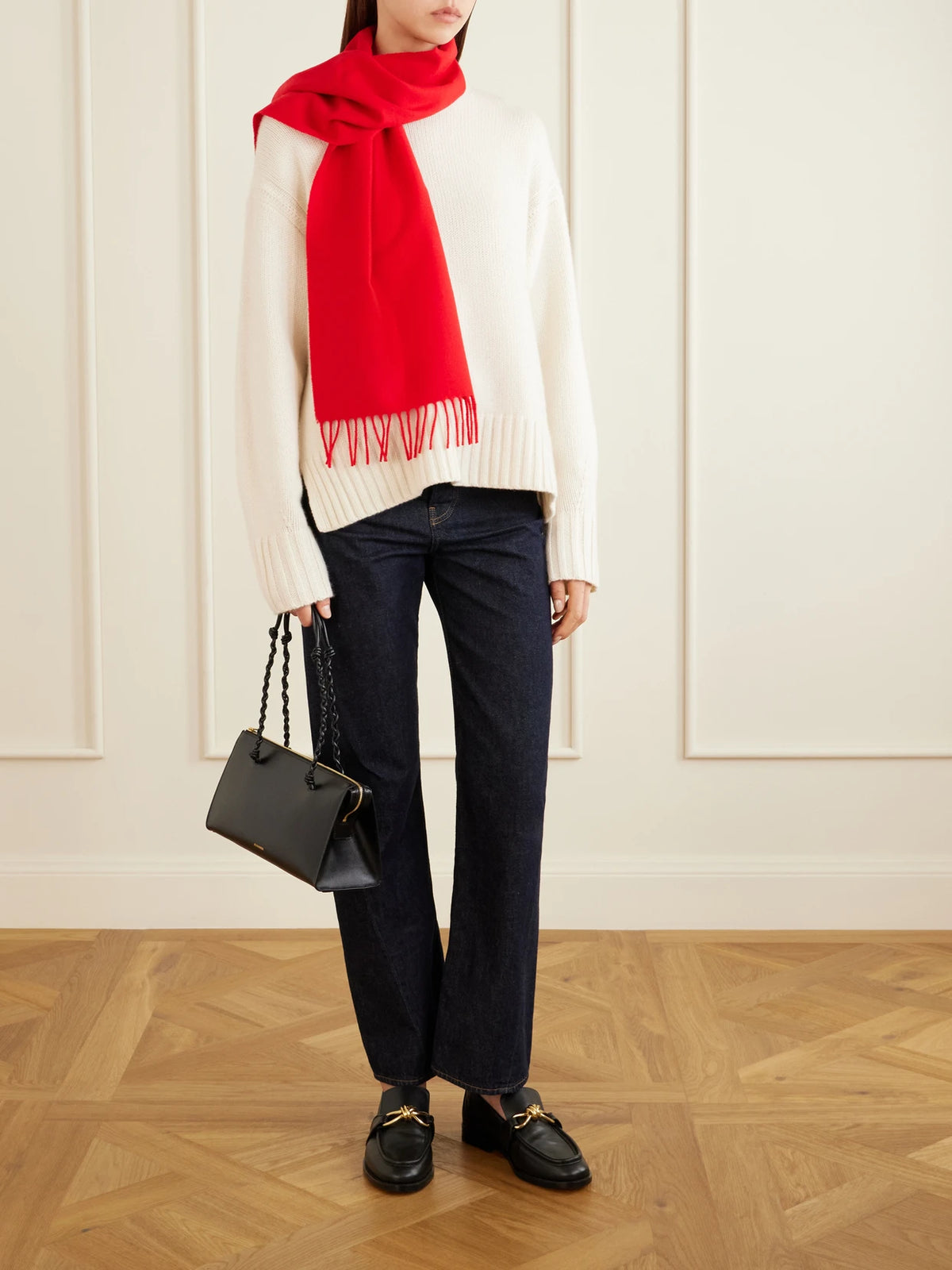 Image of Scarves & Shawls. Product name - Fringed Virgin Wool Scarf in Red colour by brand - Jil Sander
