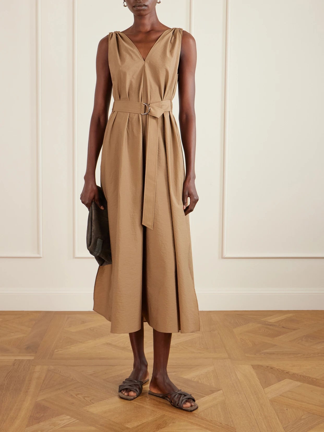 Image of Dresses. Product name - Belted Cotton-blend Poplin Midi Dress in Brown colour by brand - Brunello Cucinelli
