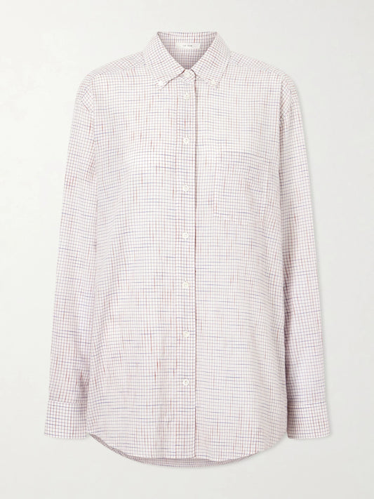 Image of a model wearing Tops. Product name - Dalan Checked Cotton Shirt in White colour by brand - The Row