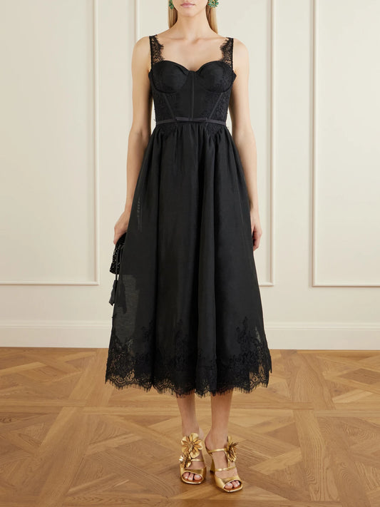 Image of Dresses. Product name - Valiant Belted Lace-trimmed Linen And Silk-blend Corset Midi Dress in Black colour by brand - Zimmermann