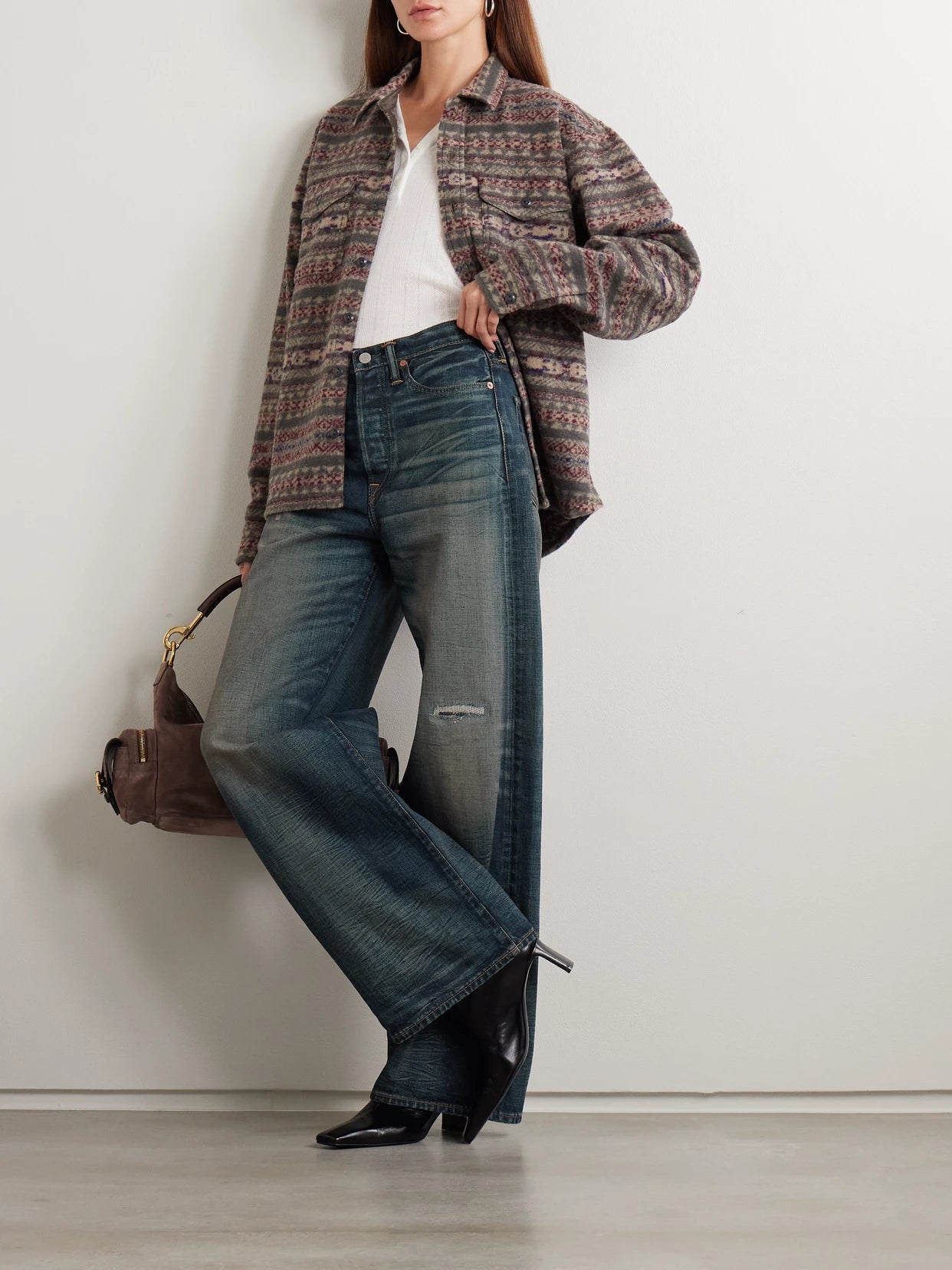 Image of Jeans. Product name - Distressed High-rise Wide-leg Jeans in Dark denim colour by brand - RRL
