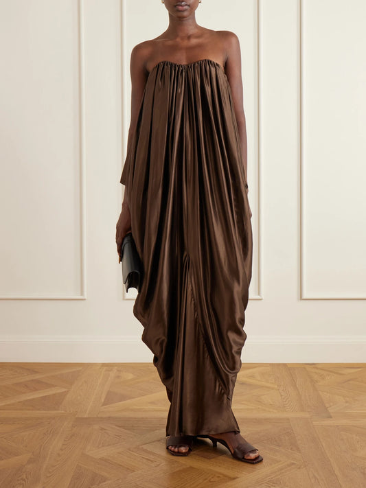 Image of Dresses. Product name - Draped Strapless Satin Gown in Dark brown colour by brand - Abadia