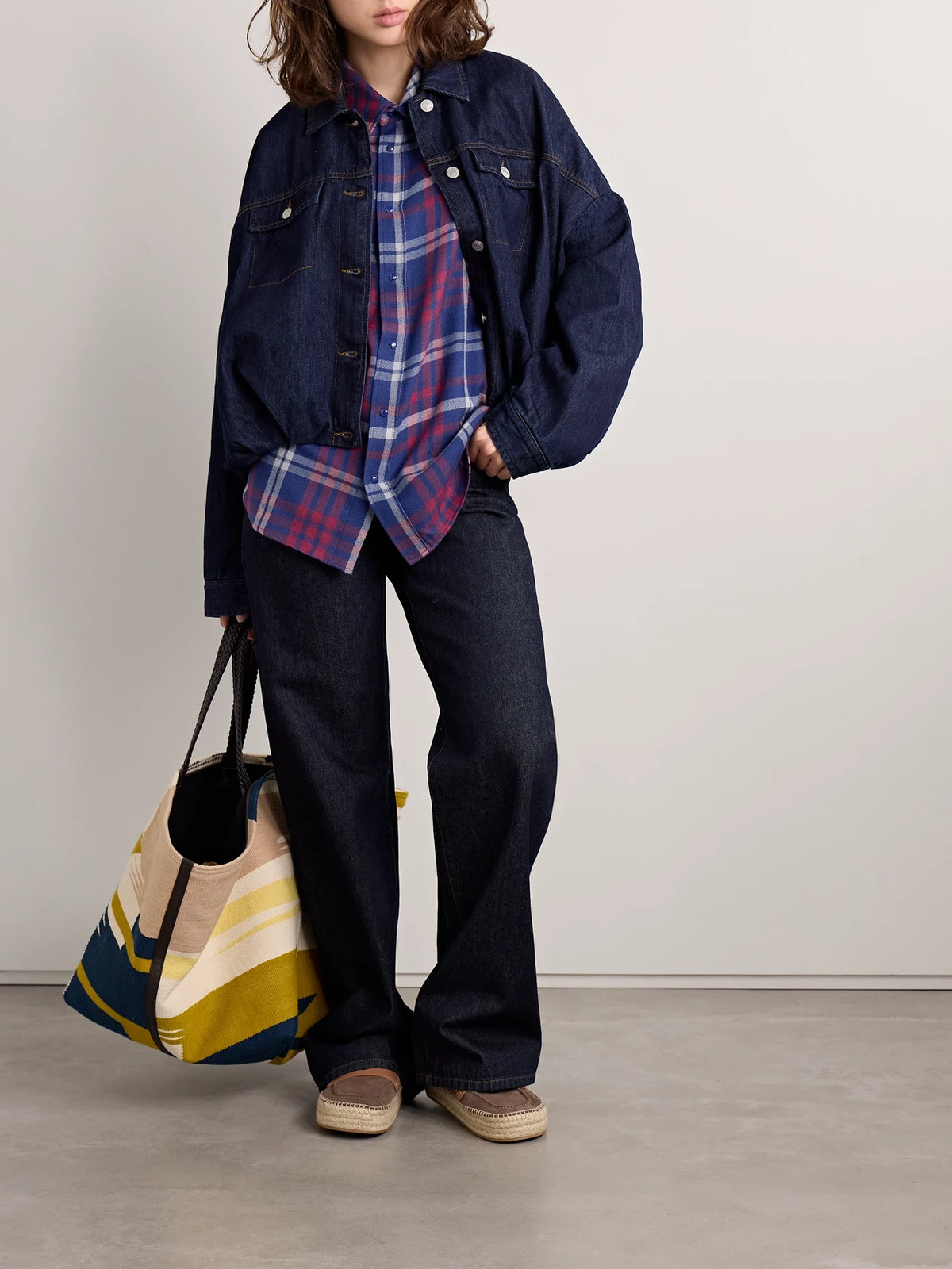 Image of a model wearing Tops. Product name - Checked Cashmere Shirt in Navy colour by brand - God's True Cashmere
