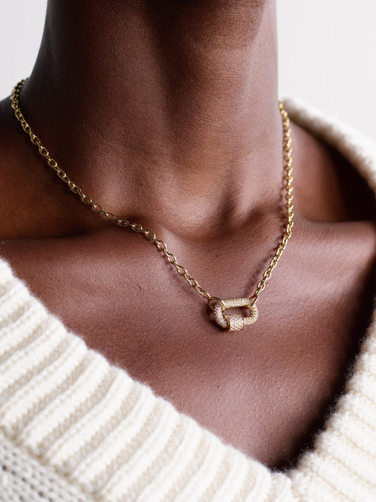 Image of Necklaces. Product name - Allstone Chubby Babylock + Pulley Chain 14-karat Gold Diamond Necklace in Multi colour by brand - Marla Aaron