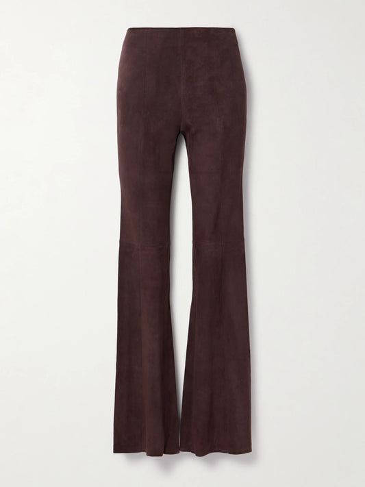 Image of a model wearing Pants. Product name - Gégé Suede Flared Pants in Dark brown colour by brand - STOULS