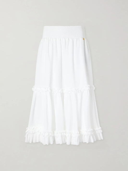 Image of a model wearing Skirts. Product name - Ruffled Poplin Maxi Skirt in White colour by brand - Balmain