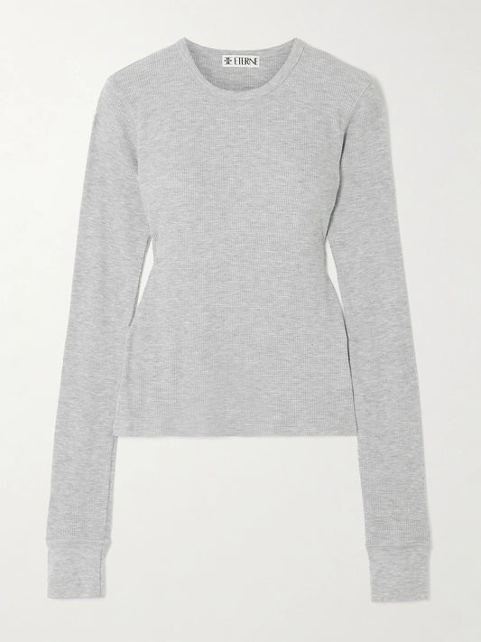 Image of T-Shirts. Product name - Waffle-knit Stretch Cotton And Modal-blend T-shirt in Gray colour by brand - ÉTERNE