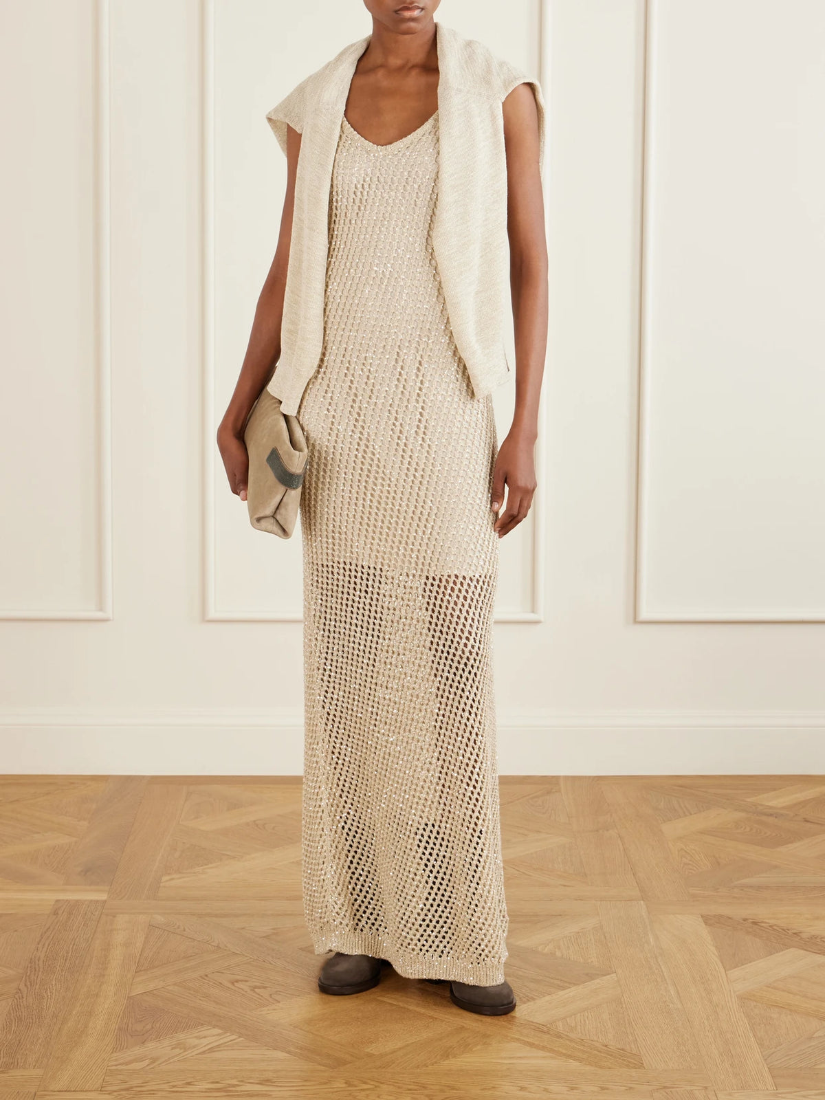 Image of Boots. Product name - Bead-embellished Suede Ankle Boots in Chocolate colour by brand - Brunello Cucinelli