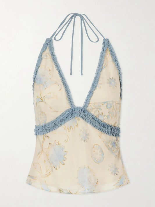 Cecile Ruffled Printed Chiffon Halter Top