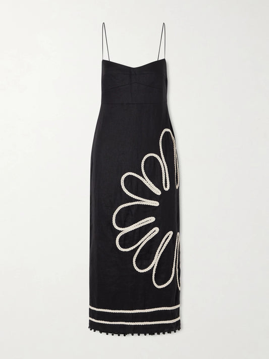 Image of Dresses. Product name - Paloma Bead-embellsihed Embroidered Linen Midi Dress in Black colour by brand - Cala de la Cruz