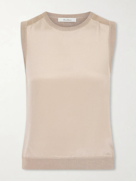 Image of a model wearing Tops. Product name - Silk-blend Tank Top in Stone colour by brand - Max Mara