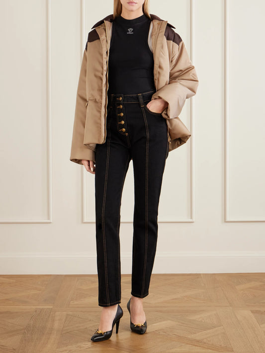 Image of Coats & Jackets. Product name - Belted Padded Shell Jacket in Beige colour by brand - Versace