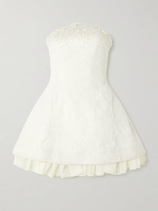 Image of Dresses. Product name - Olympia Strapless Embellished Stretch-tulle Mini Dress in Ivory colour by brand - Clio Peppiatt