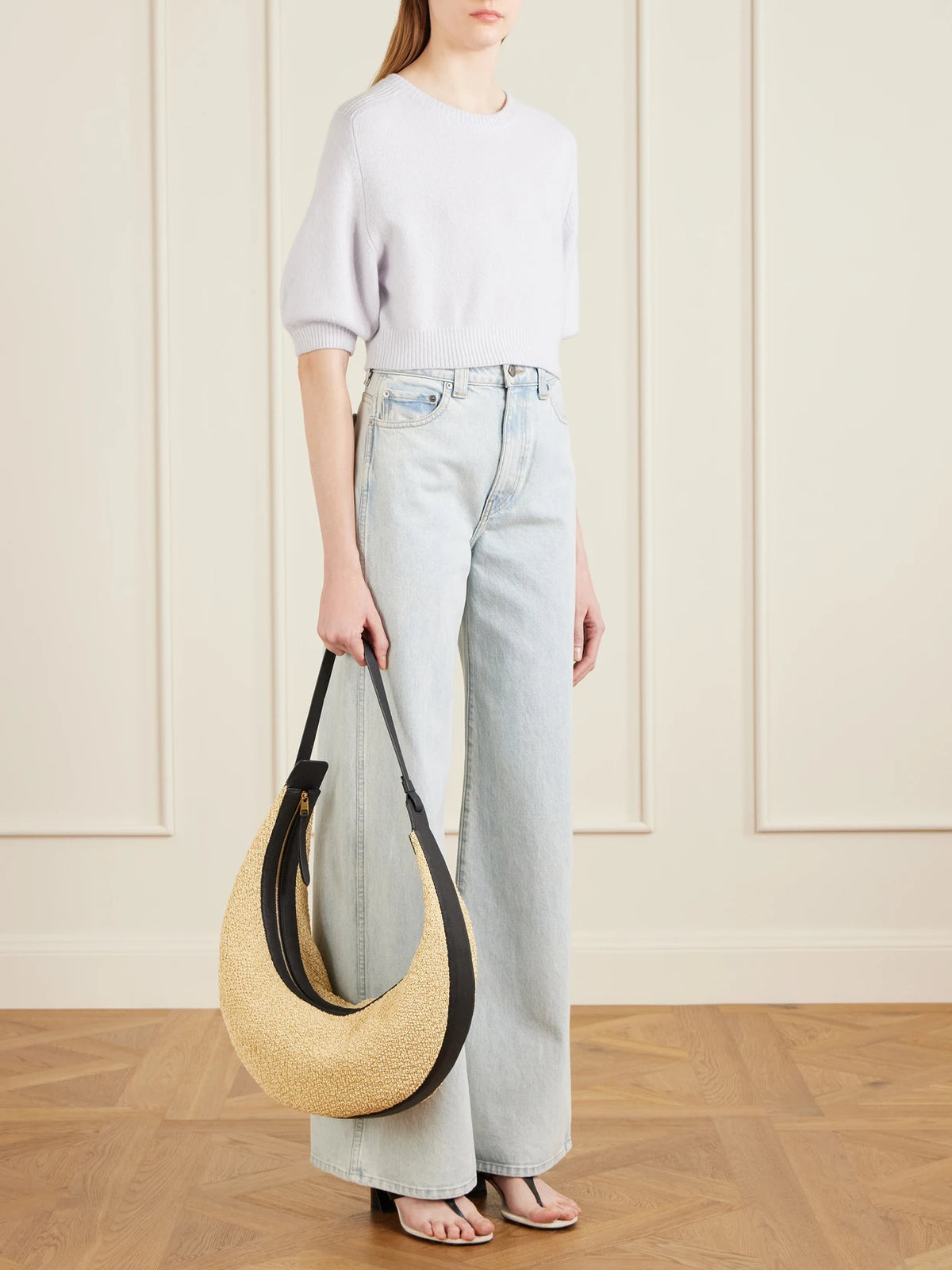 Image of Bags. Product name - Augustina Leather-trimmed Raffia Shoulder Bag in Neutral colour by brand - KHAITE