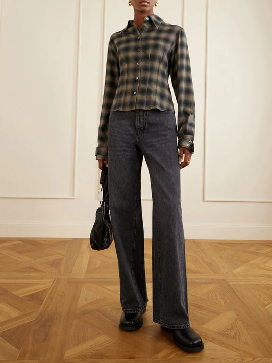 Image of a model wearing Tops. Product name - Envelop Checked Cotton And Wool-blend Shirt in Gray colour by brand - Our Legacy